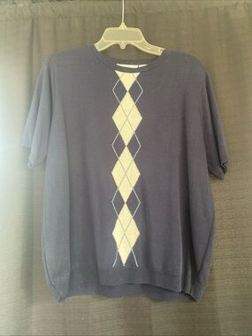Vtg 90’s Alfred Dunner Navy Short-Sleeve Crewneck Sweater with Cream Argyle